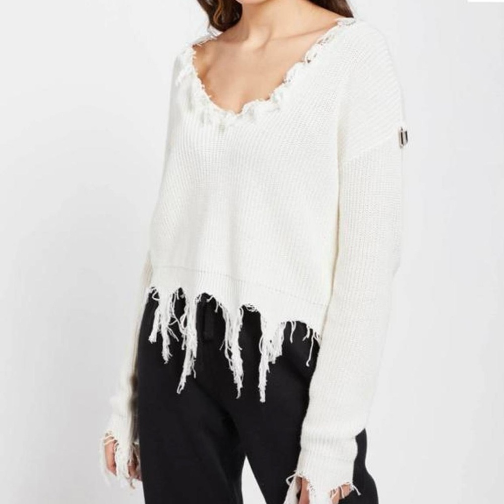 Revolve Steele Montreaux Ivory‎ Fringe Distressed V-Neck Sweater Cozy Grunge